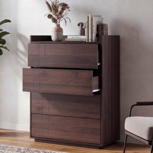 Commode HWC-P44, buffet, 4 tiroirs à ouverture par pression, MDF 107 x 80 x 40 cm   aspect noyer