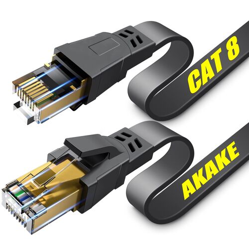 Akake Cable Ethernet Cat 8, 5 m, cable reseau Internet plat haut debit, cable LAN professionnel, 26 AWG, 2000 MHz 40 Gbit/s avec connecteur RJ45 plaque or, blinde au mur, interieur et exterieur