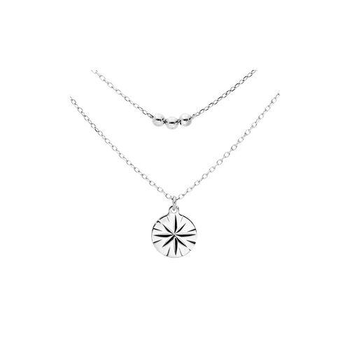 Collier Argent Rhodié Double Chaîne Pastille Soleil Diamantée Et Boules 40+5cm