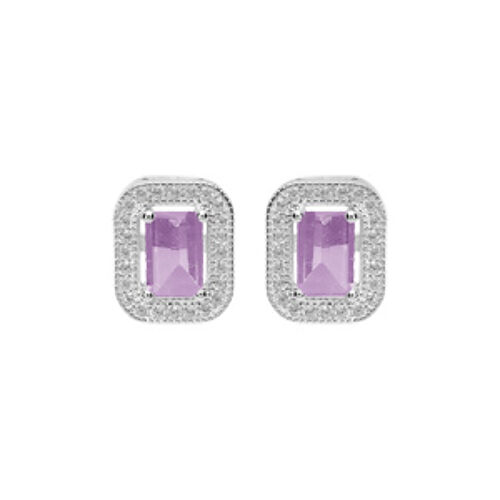Boucles D'oreilles Tige Argent Rhodié Massif Pierre Carré Améthyste Véritable Contour Oxydes Blancs Sertis
