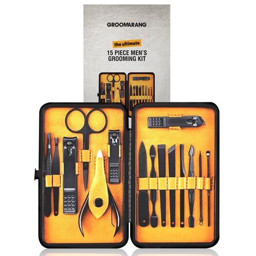 Groomarang Kit De Manucure Pour Hommes - 15 Pièces | Coupe-Ongles En Acier Inoxydable | Outils De Soin Professionnels | Trousse De Voyage | Coupe Cuticule Ongle | Kit De Pédicure | Soin Des Ongles 