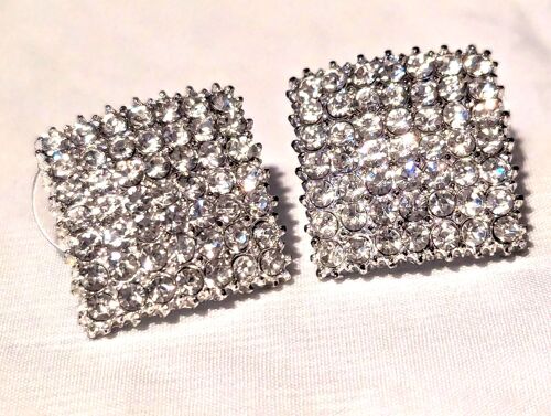 Boucles Oreilles Carrées Fines Surface Courbe Pierres Blanches Bijoux Argentés Fantaisies Femmes