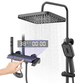 Colonne de douche en alliage de titane noir Pomme de douche rectangulaire Quatre modes de jet Écran LED ciel étoilé Douchette à main réglable à trois positions (version améliorée)