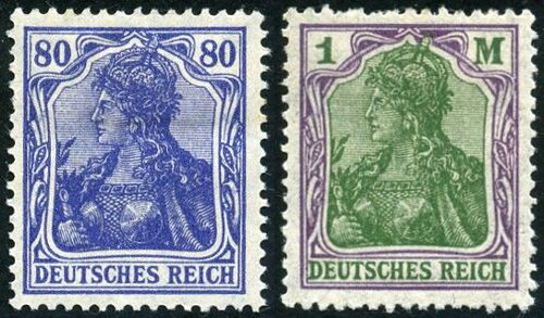 Allemagne, Rép. De Weimar 1920, Très Beaux Timbres Neufs** Luxe Yvert 127 Et 128, Germania 80pf. Bleu Et 1dm. Vert Et Violet, Filigrane Double Losange. -