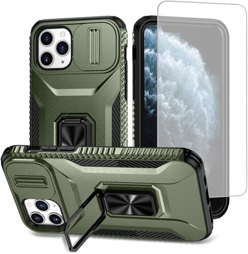 KALANKA-Coque pour iPhone 11 Pro avec Protection d'écran en Verre trempé, Cache Caméra Coulissant et Anneau Magnétique pour Support Voiture Étui pour iPhone 11 Pro Vert