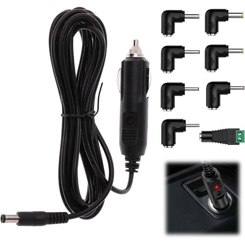 JGD-Chargeur de Voiture Universel 12V 2A - Câble d¿Alimentation DC avec Prise 5.5x2.1mm pour Lecteur DVD, GPS, Haut-parleurs, Étiqueteuse, Tire-Lait, Caméra et Bande LED - 24W avec 8 Adaptateurs