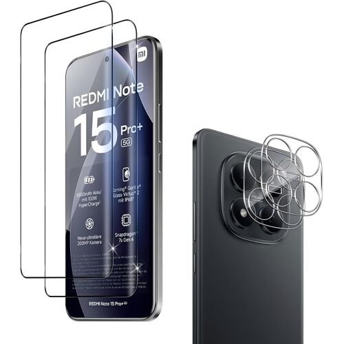JGD-2 Pièces Verre Trempé pour Xiaomi Redmi Note 15 Pro Plus/Pro+ 5G/POCO M8 Pro avec 2 Pièces Caméra Arrière Protection Accessoire, 9H Dureté, Anti-Rayures, Sans Bulles Protection écran