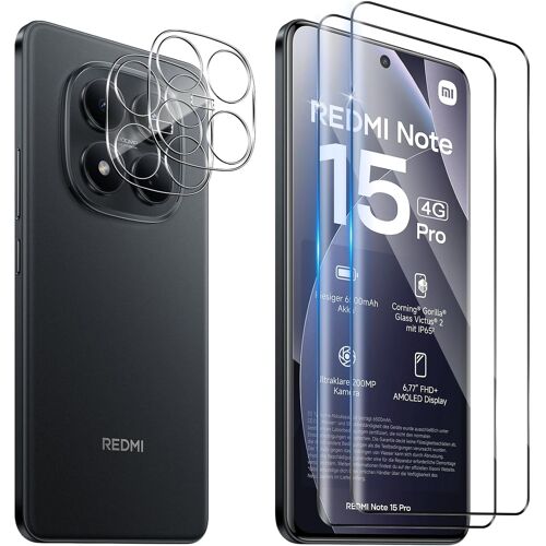 JGD-3D Verre Trempé à Couverture Complète pour Xiaomi Redmi Note 15 Pro 4G et Caméra Arrière Protecteur [2+2 PCS], Dureté 9H Ultra Résistant Protection écran Film en Verre Trempé