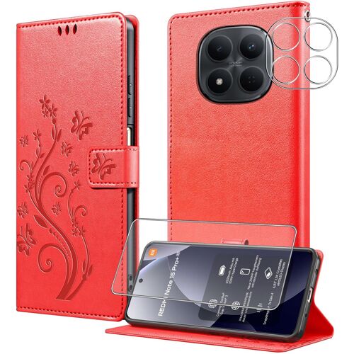 JGD-Coque pour Xiaomi Redmi Note 15 Pro+ Plus 5G avec 1 Verre Trempé,1 Protection Camera,Étuis Rabat [Housse en Cuir PU][Fentes pour Cartes][Pochette de Portefeuille][Stand Feature]- Rouge