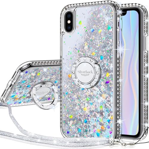 JGD-Miss Arts pour iPhone X/XS - Coque pour filles avec étui à anneau, brillant - Coque en silicone transparente de protection pour iPhone X/XS - Argent