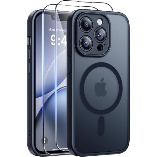 JGD-Coque pour iPhone 13 Pro (6,1 Pouces) avec 2 Verres Trempés, Compatible avec Mag Safe, Coque Mat Translucide Fine Antichoc, PC Dur Housse Arrière Anti-Rayures + TPU Bumper Antichoc, Noir