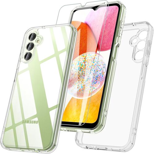 JGD-Coque pour Samsung A14 4G/5G avec Verre Trempé, Coque Samsung Galaxy A14 360° integrale Antichoc Militaire Protection Robuste Bumper Case Housse Étui pour Galaxy A14- Transparent