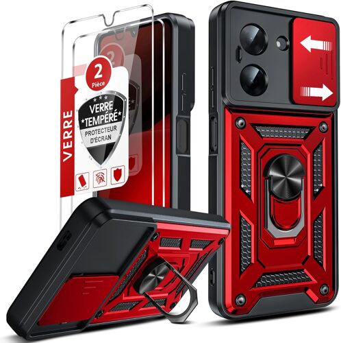 JGD-Coque pour Xiaomi Redmi A5 4G Anneau avec 2*Verre Trempé+Full Protection Caméra Coulissante, Étui de PC Dur et TPU Silicone Militaire Anti-Rayures Coque Redmi A5 4G Antichoc, Rouge
