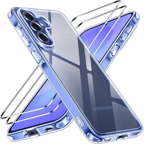 JGD-Coque 3 en 1 Compatible avec Samsung Galaxy A57 5G - Étui Antichoc avec Protection Militaire et Caméra, 2 Pièces Verre Trempé, Housse Anti-Rayures - Bleu Transparent