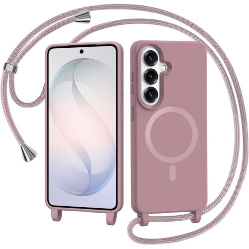 JGD-Coque Magnétique pour Samsung Galaxy S26 avec Cordon, Compatible avec MagSafe Collier Étui Silicone avec Tour de Cou Lanière en Corde Souple TPU Antichoc Housse, Rose