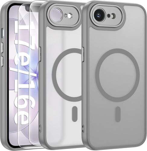 JGD-Magnétique Coque iPhone 16e / 17e avec 2 Verre Trempé, Compatible avec MagSafe, Protection d'objectif Tout Compris, Etui Mat Arrière Housse Antichoc Case iPhone 16e / 17e 6.1"", Gris