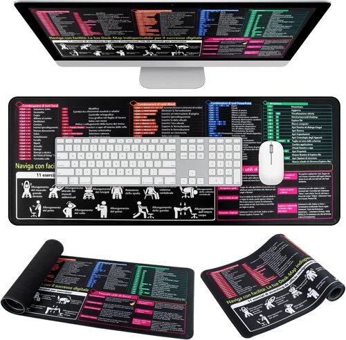 JGD-Grand Tapis de Souris Excel Italien 1pcs Tapis Souris 80 * 30cm avec Raccourcis Clavier en Italien pour Office Excel et Word Powerpoint Windows Raccourcis Mouse Pad à Bords Cousus pour Bureau