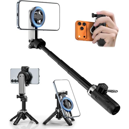 JGD-Selfie Stick Trépied 4-en-1 Magnétique avec Télécommande Bluetooth, Support Téléphone Portable avec Rotation 360° pour Smartphone, Compatible avec iPhone 17 Pro Max/16/15/14/13/12