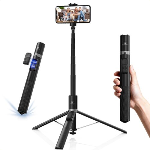 JGD-69"" Perche à Selfie Auto-Ouvert,Selfie Stick Trépied avec Télécommande Bluetooth à 9 Boutons, Rotative à 360°, Trépied Smartphone Portable pour Voyages, Vloggers, Noir, Texturé