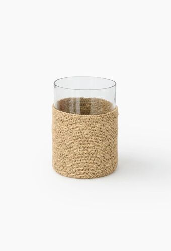 Vase droit, 15xH21cm, en verre et jonc de mer Beige clair