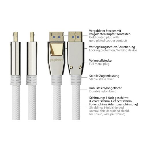 Python Cable DisplayPort 2.0 de qualite superieure - 2 m - 54 Gbit/s, UHBR 13,5-4K @240 Hz / 8 K @ 60 Hz - Conducteur en cuivre - tresse NYLONGE - Blanc