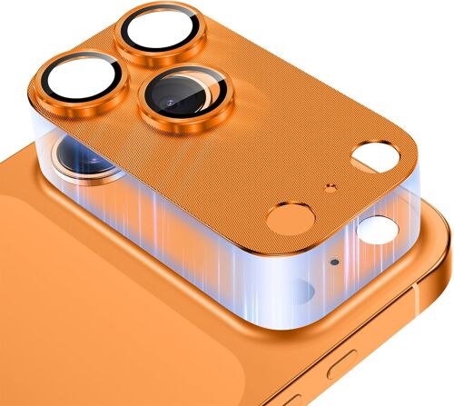 KALANKA-Protecteur d'Objectif de Caméra pour iPhone 17 Pro, Couverture Complète en Verre Trempé Ultra-HD, Plaque Métallique Mat, 9H Dureté Définition Anti-Rayures Lens Camera Protector, Orange