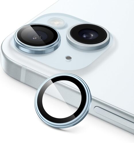 KALANKA-Protecteur d'Objectif de Caméra pour iPhone 15 6,1 Pouces et iPhone 15 Plus 6,7 Pouces, 1:1 Ajustement Invisible, Verre Trempé 9H Anneau Individuel Métal Housse, HD Clair, 1 Série (Bleu)