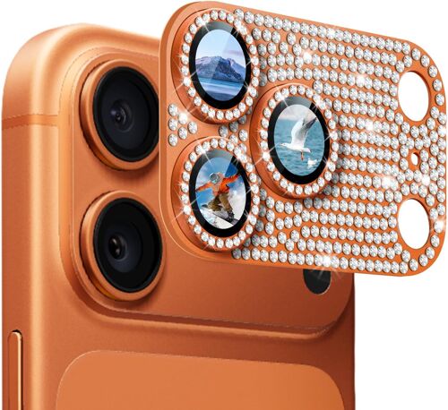 KALANKA-1 Pack Caméra Arrière Protection Compatible avec iPhone 17 Pro, Plaque Métallique Strass 9H Verre Trempé Protecteur Objectif Anti-Rayures Protecteur pour iPhone 17, Diamant Orange