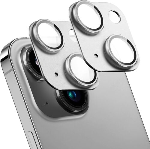 KALANKA-Lot de 2 Protections d¿Objectif pour iPhone 14/14 Plus, Verre Trempé Métal AR pour Caméra Arrière, Anti-Rayures, Forte Adhérence, Compatible Coque, Installation Facile-Argent