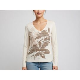 T Shirt Manches Longues Col V Beige Imprimé Devant Et Dos Taille Unique Promod