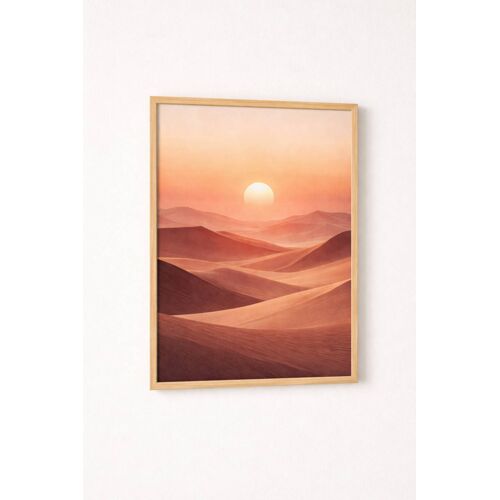 Tableau Encadré Paysage Désert Coucher de Soleil – Dunes Sable Ocre Ciel Pêche Terracotta – Décoration Murale Chaleur &amp; Sérénité 30x40 cm – Cadre Bois Clair – Vitre Acrylique Incassable