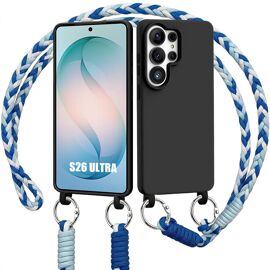 Coque pour Samsung Galaxy S26 Ultra, Protection Silicone Liquide Noire avec Cordon Blanc Bleu - E.F.Connection