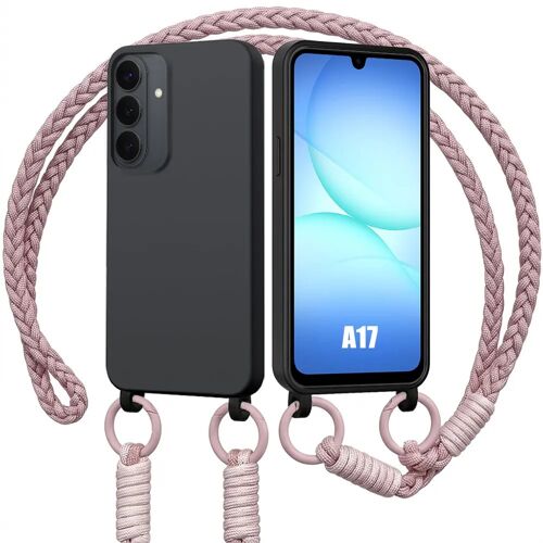 Coque pour Samsung Galaxy A17 4G/5G, Silicone Liquide Noire Antichoc Slim avec Cordon Rose - E.F.Connection