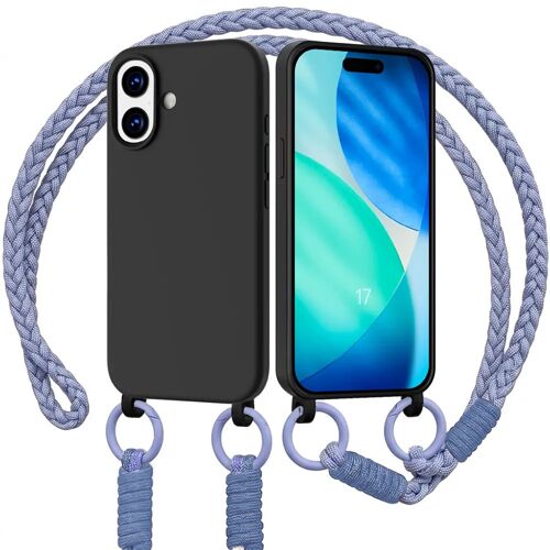 Coque pour iPhone 17, Silicone Liquide Noire Antichoc Slim avec Cordon Violet - E.F.Connection