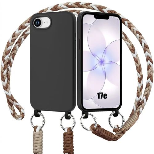 Coque pour iPhone 17e, Protection Silicone Liquide Noire avec Bandoulière Marron - E.F.Connection