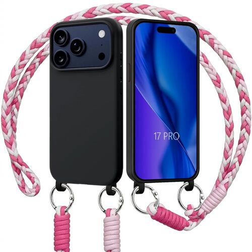 Coque pour iPhone 17 Pro, Protection Antichoc Silicone Noir avec Cordon Blanc Rose - E.F.Connection