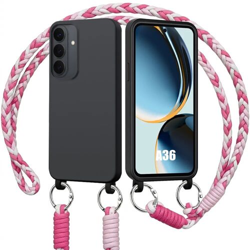 Coque pour Samsung Galaxy A36 5G, Silicone Anti-Rayures Souple Noir avec Cordon Rose Blanc - E.F.Connection