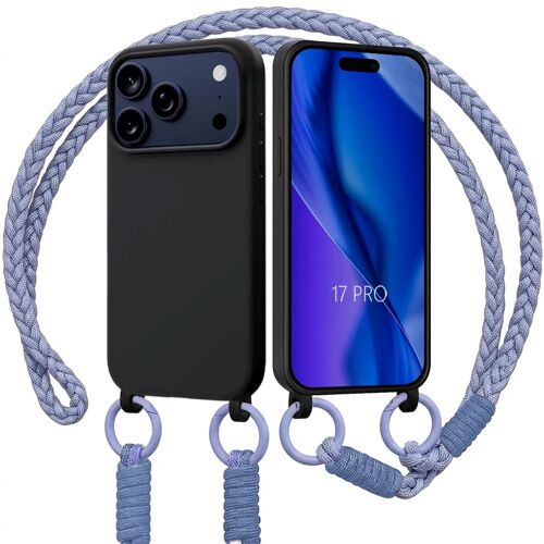 Coque pour iPhone 17 Pro, Protection Silicone Liquide Noire avec Bandoulière Violet - E.F.Connection