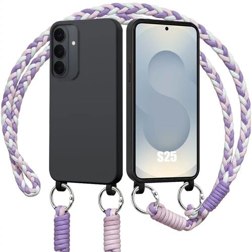 Coque pour Samsung Galaxy S25, Silicone Liquide Noire Antichoc Slim avec Cordon Violet Blanc - E.F.Connection