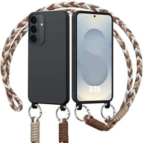 Coque pour Samsung Galaxy S25, Protection Silicone Souple Noire avec Cordon Marron Blanc - E.F.Connection