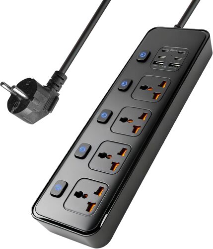 KALANKA-Multiprise avec Ports USB, rallonge avec Ports USB, multiprise 4 Prises (4 Ports USB-C et 2 Ports USB), Interrupteur Individuel 3000 W, rallonge de 1,8 m, Adaptateur multiprise UE, Noir