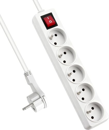 KALANKA-Bloc Multiprise 5 Prises 16A avec Interrupteur, Fiche Plate 3.0 m Blanc