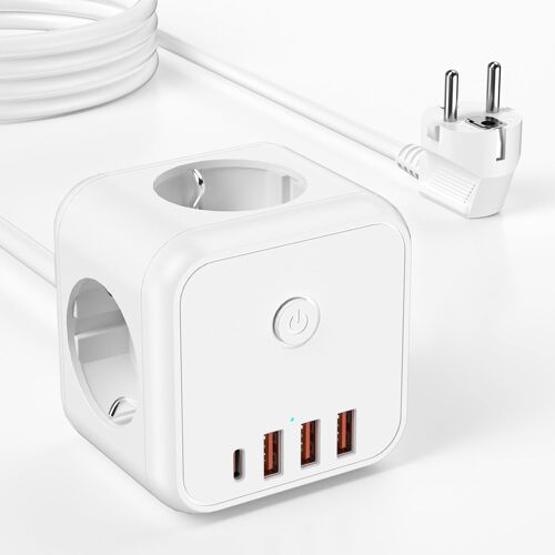 KALANKA-Cube Multiprise 7-en-1 avec Interrupteur, 3 Prises avec 3 USB-A et 1 USB-C, Multiprise Power Cube avec Anneau de Traction, câble de 1,5 m pour la Maison/Le Bureau, Blanc