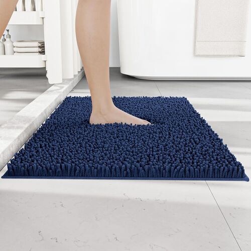 KALANKA-Tapis de bain en chenille antidérapant - Super absorbant et lavable en machine - Idéal pour la salle de bain, les toilettes et l'intérieur - 50 x 80 cm - Bleu foncé
