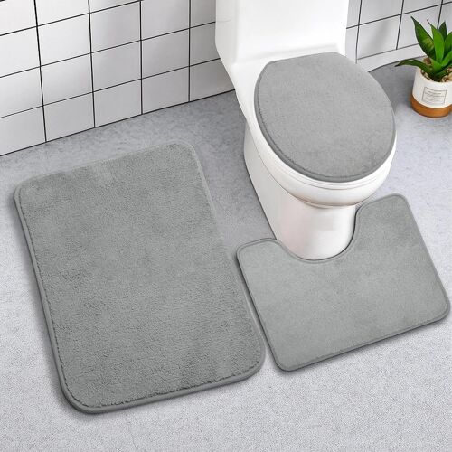 KALANKA-3 Pièces Tapis de Bain Antidérapant à Poils Longs, Tapis de Douche Absorbant, WC Contour en Microfibre, Tapis de Toilette épais en Forme de U pour Salle de Bain, Gris