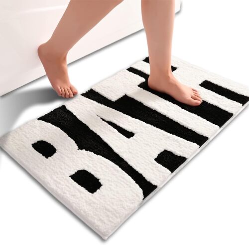 KALANKA-Schwarz Weiß Tapis Salle De Bain Anti-Glisse Tapis De Bain Éponge Doux Doux Tapis Salle De Bain Déco Super Absorbant Lavable À La Machine Tapis De Douche 40 x 60