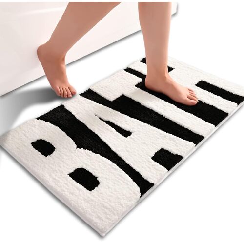 KALANKA-Schwarz Weiß Tapis Salle De Bain Anti-Glisse Tapis De Bain Éponge Doux Doux Tapis Salle De Bain Déco Super Absorbant Lavable À La Machine Tapis De Douche 40 x 60