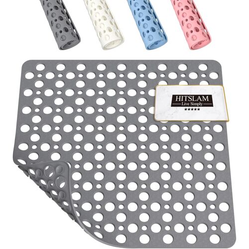 KALANKA-Carré Tapis de Douche Antidérapant, 53 x 53 cm Tapis de Bain, Tapis de Baignoire pour Salle de Bain avec ventouses et Trous d'évacuation, Lavable en Machine, Doux pour Les Pieds, Gris
