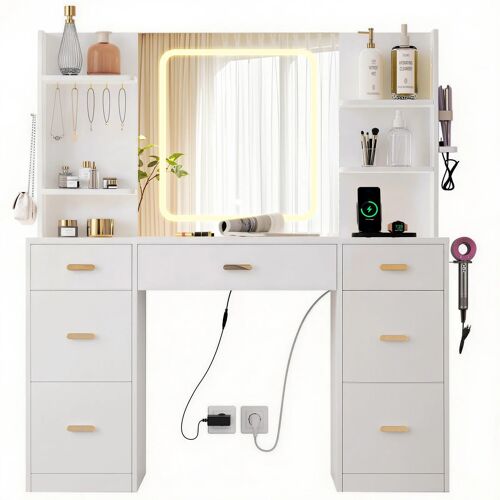 Coiffeuse | Miroir Coiffeuse avec Éclairage LED | Luminosité Réglable | 7 Tiroirs | 4 Étagères et 5 Crochets | Coiffeuse avec Miroir pour Chambre