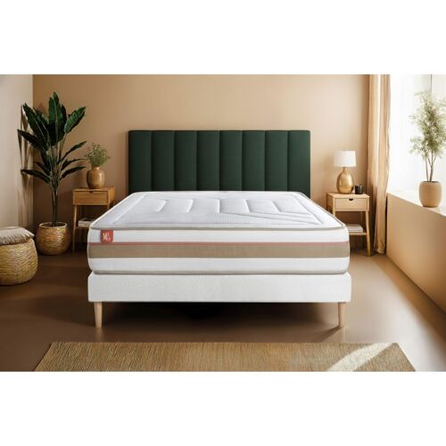 Ensemble LE TENDRE 90x190cm Ressorts ensaches + Memoire de forme 7 zones de confort - Ep. 28cm + sommier Blanc